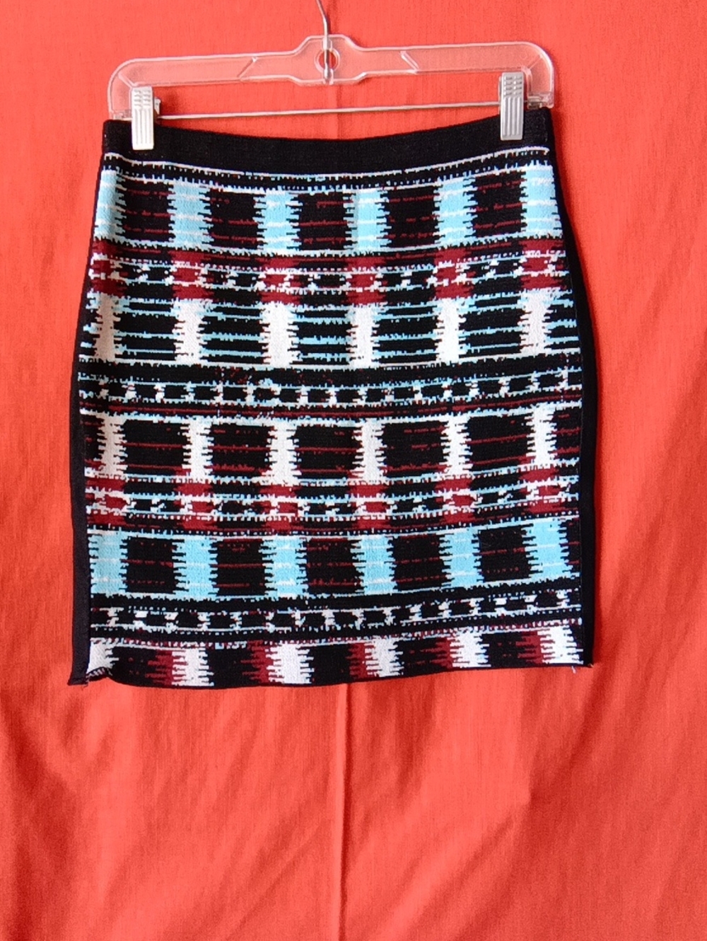 RACHEL Rachel Roy Black, Aqua & Red Geometric Knit Mini Skirt